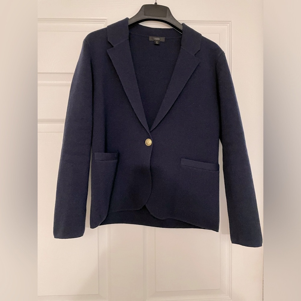 J Crew navy blue sweater blazer. Stretchy cotton/poly/wool fabric. Size S